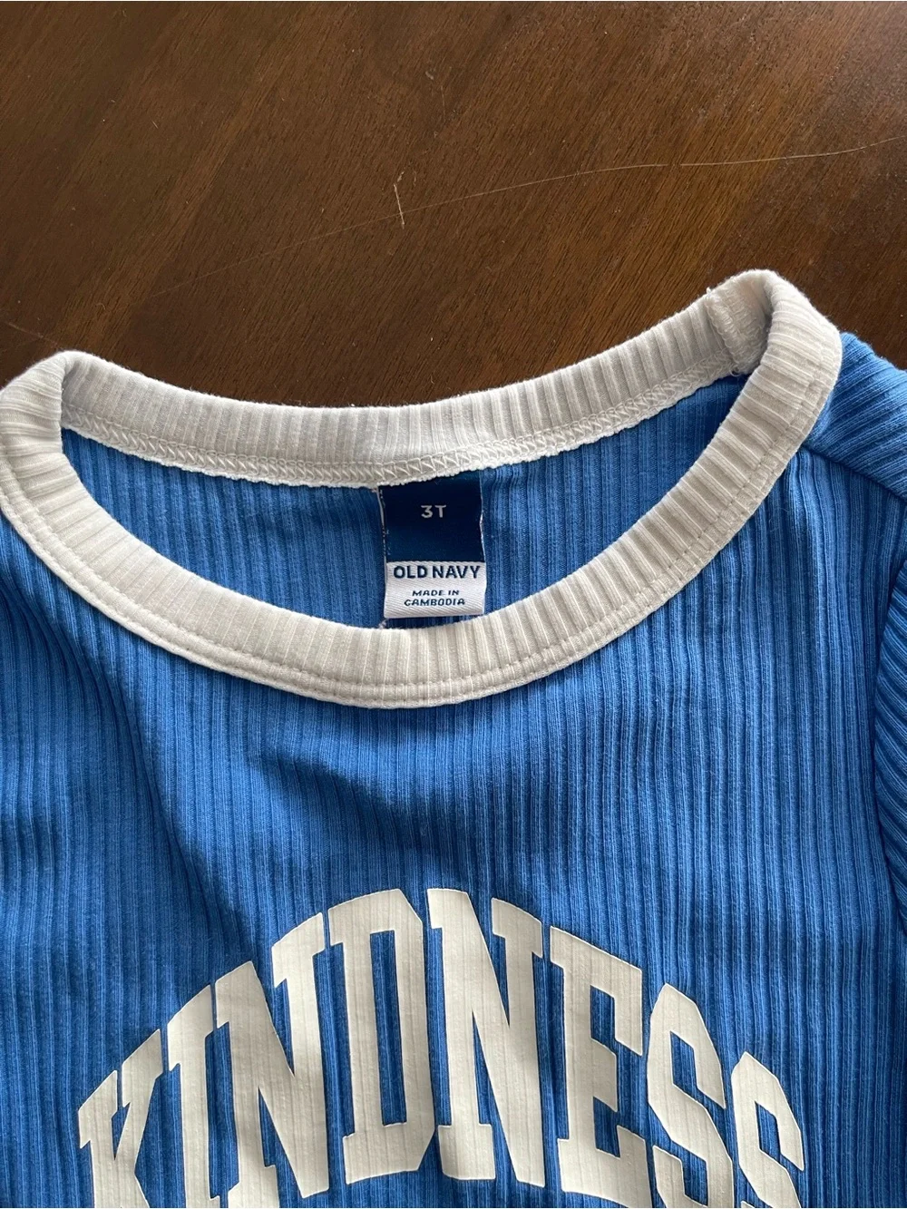 Old Navy Blue Ribbed Tee with White Trim - KINDNESS Graphic